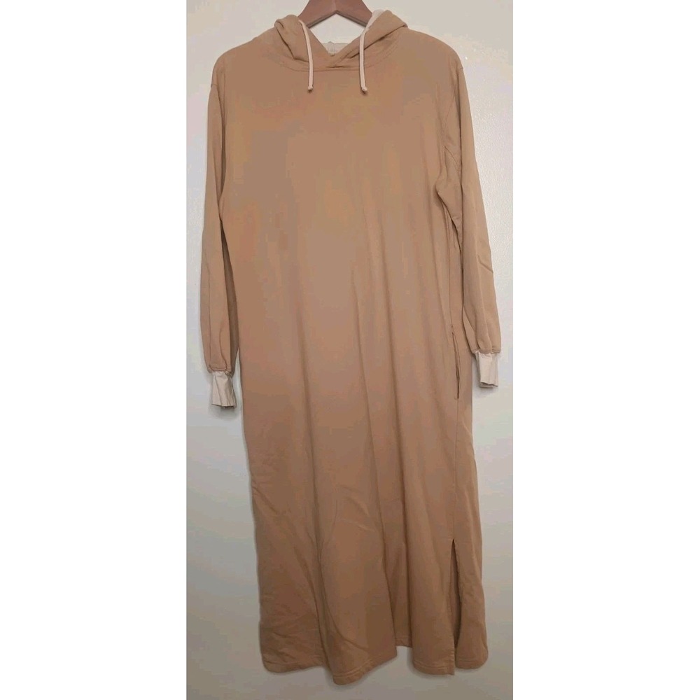 UnaPluma 100% Organic Cotton L Hoodie Maxi Dress Tan Oversized Cozy Earthy Boho